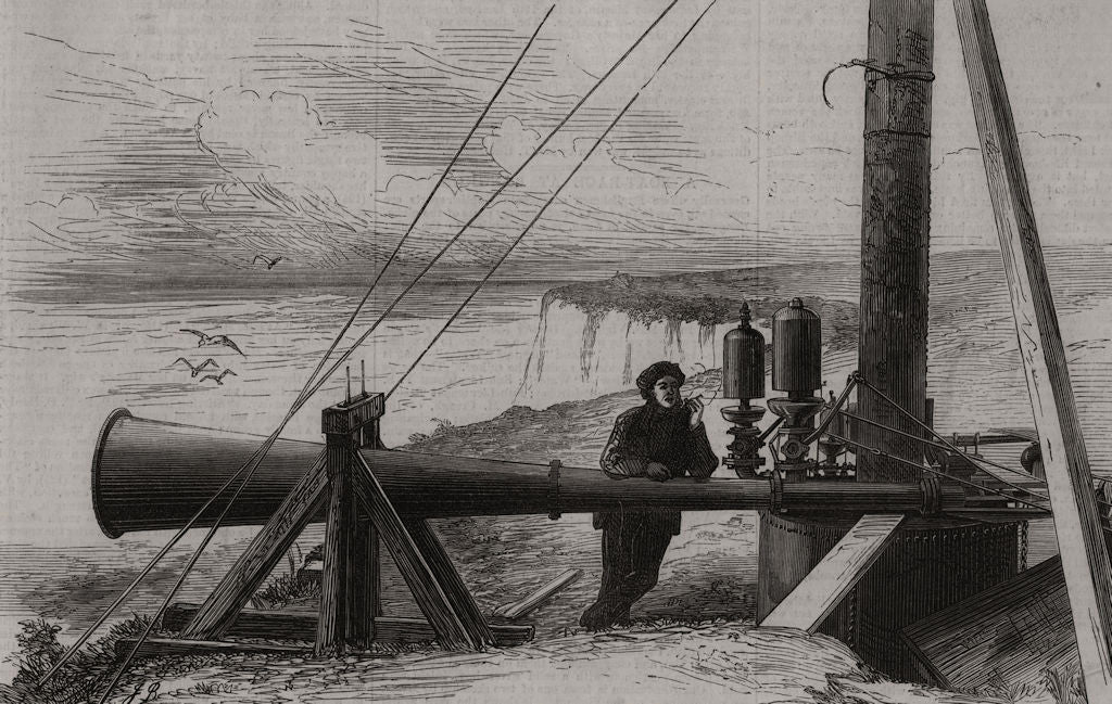 Fog horn, for warning ships off the coast. Cornwall 1875 old antique print